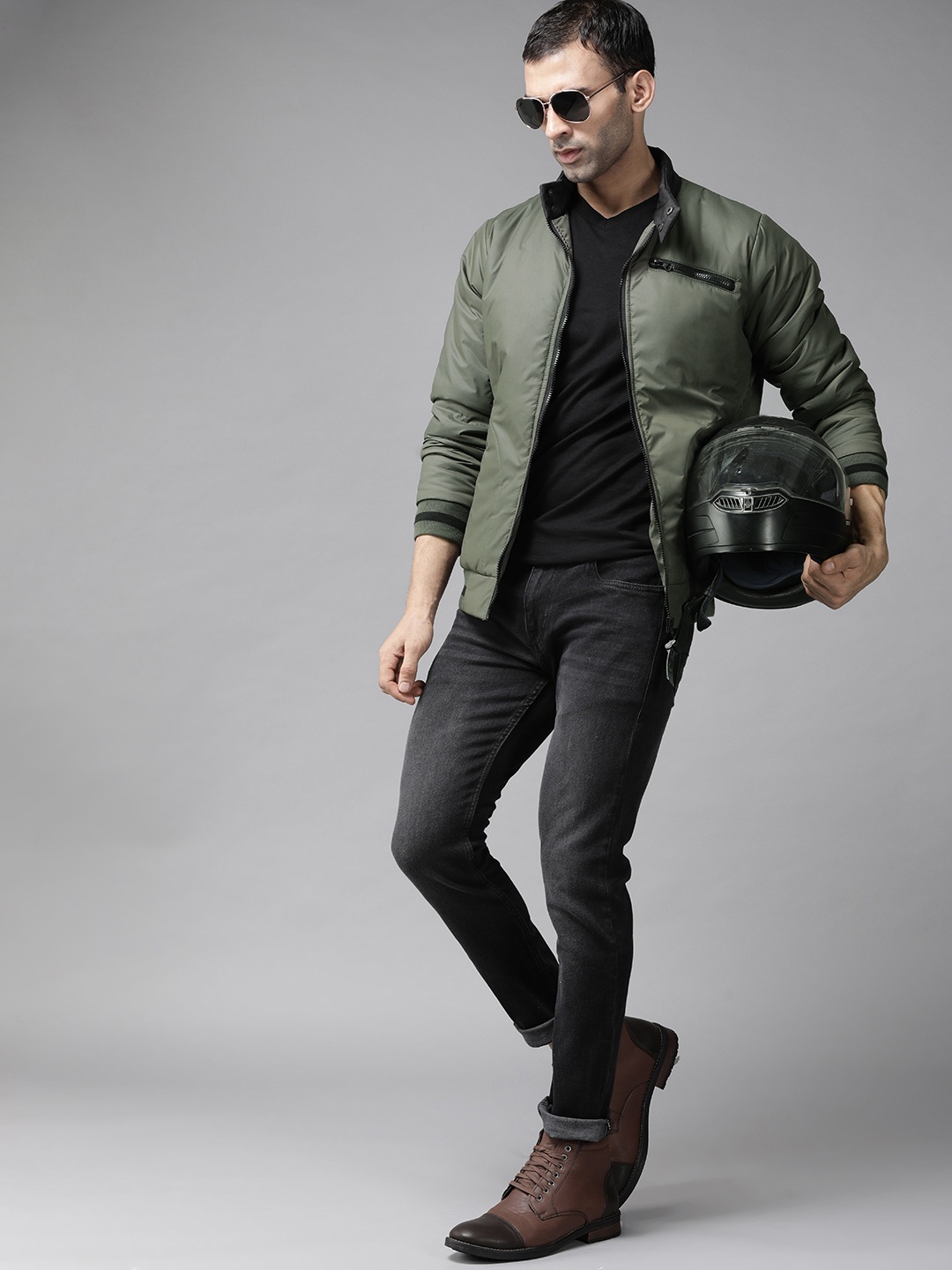 

Roadster Men Olive Green Bomber Jacket