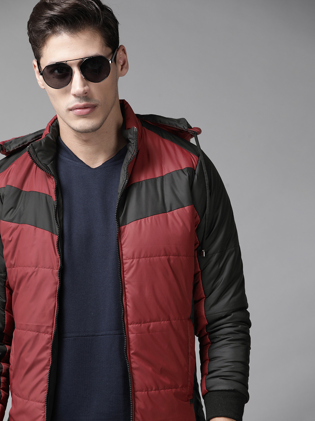 

Roadster Men Maroon & Black Striped Padded Hooded Jacket
