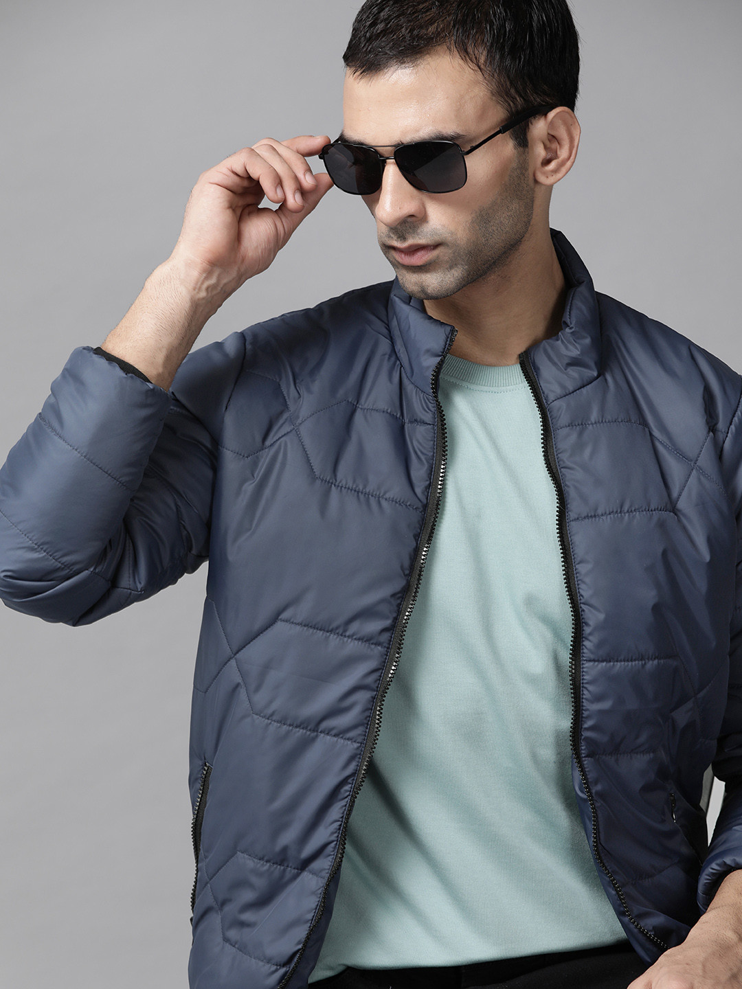 

Roadster Men Navy Blue Solid Padded Jacket