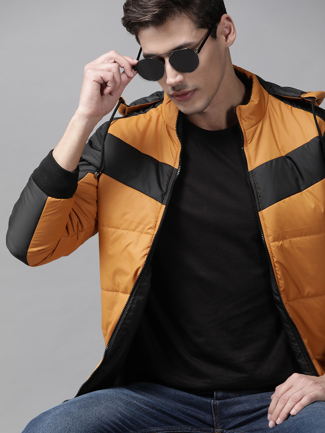 

Roadster Men Mustard Yellow & Black Colourblocked Hooded Padded Jacket
