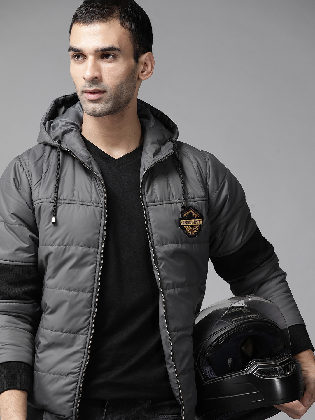 

Roadster Men Grey Hooded Bomber Jacket