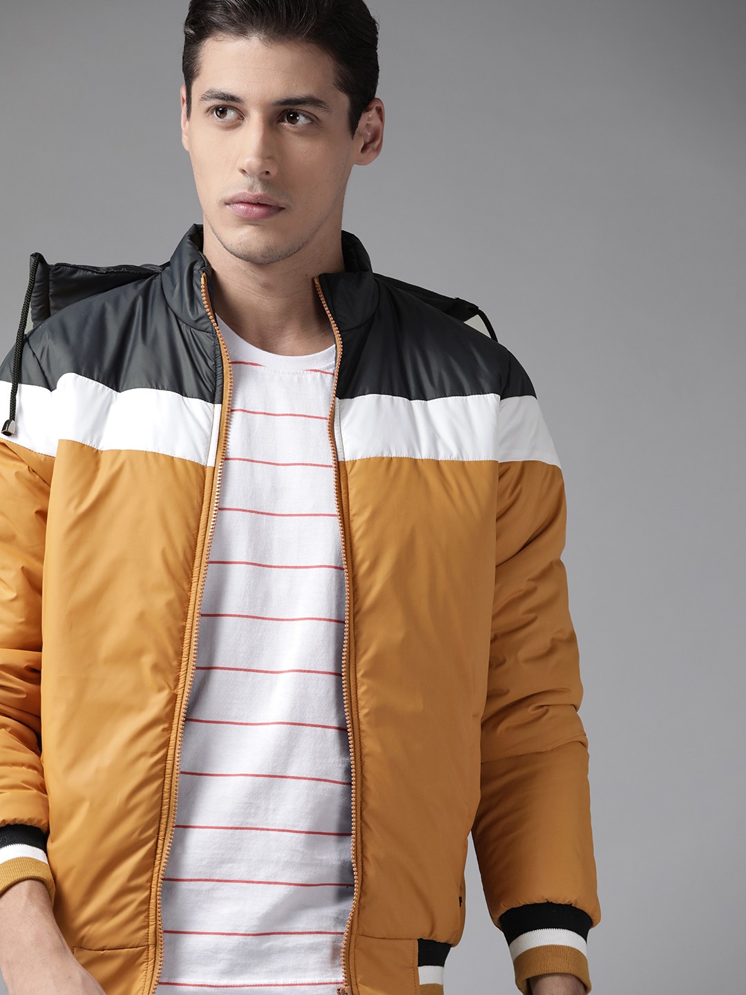 

Roadster Men Mustard Yellow & Navy Blue Colourblocked Padded Jacket
