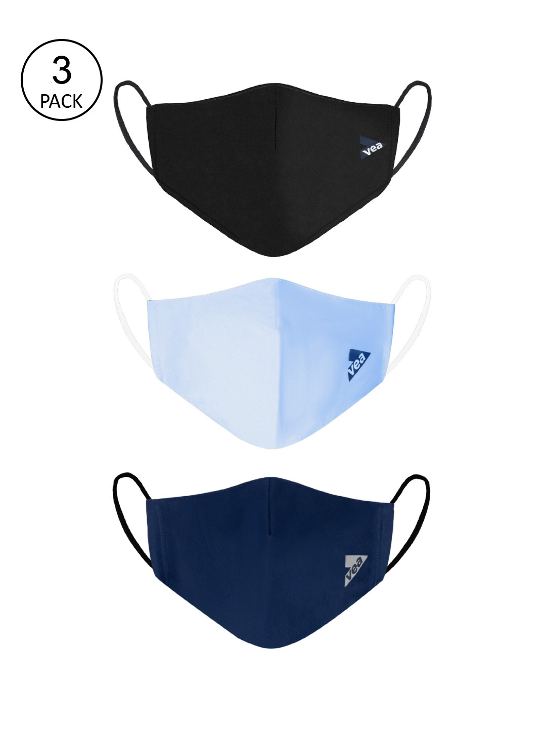 

VEA Pack of 3 Black & Blue Soft Cotton 5 Layered Filtration Face Mask