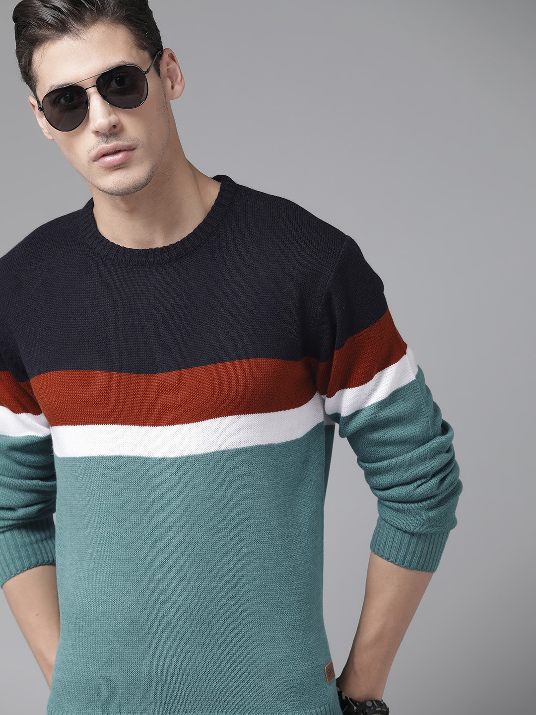 

Roadster Men Sea Green & Navy Blue Colourblocked Pullover