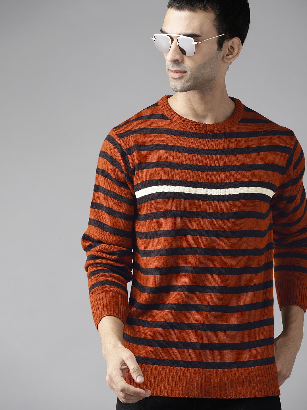 

Roadster Men Rust Brown & Navy Blue Striped Pullover