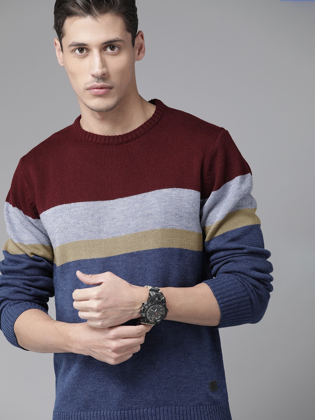 

Roadster Men Blue & Maroon Colourblocked Pullover