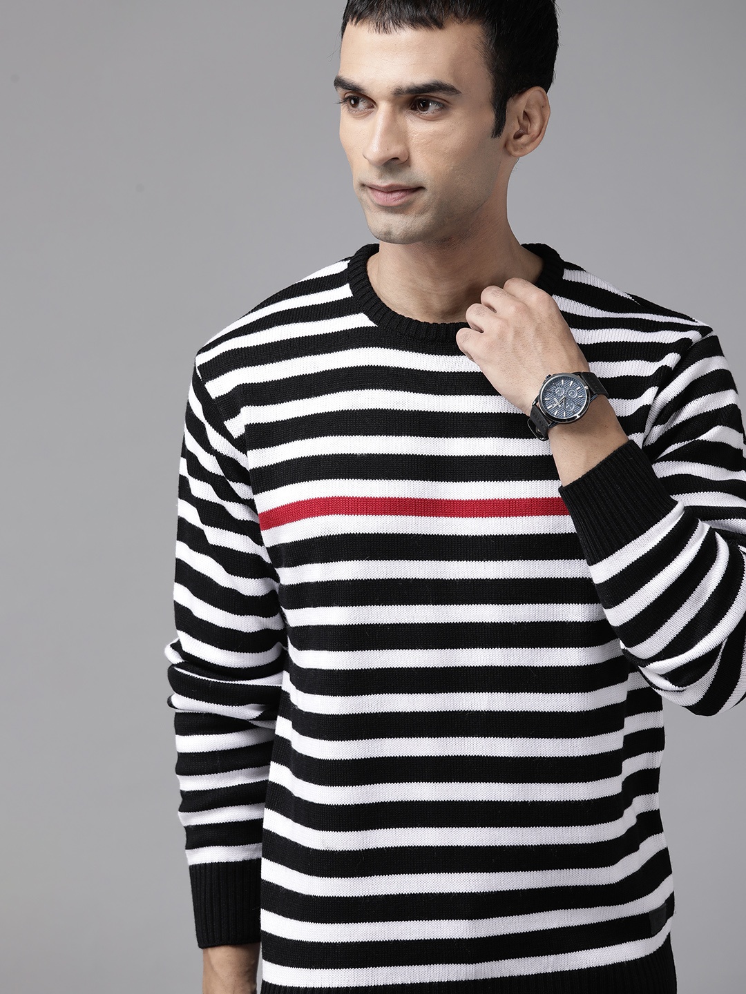 

Roadster Men Black & White Striped Pullover