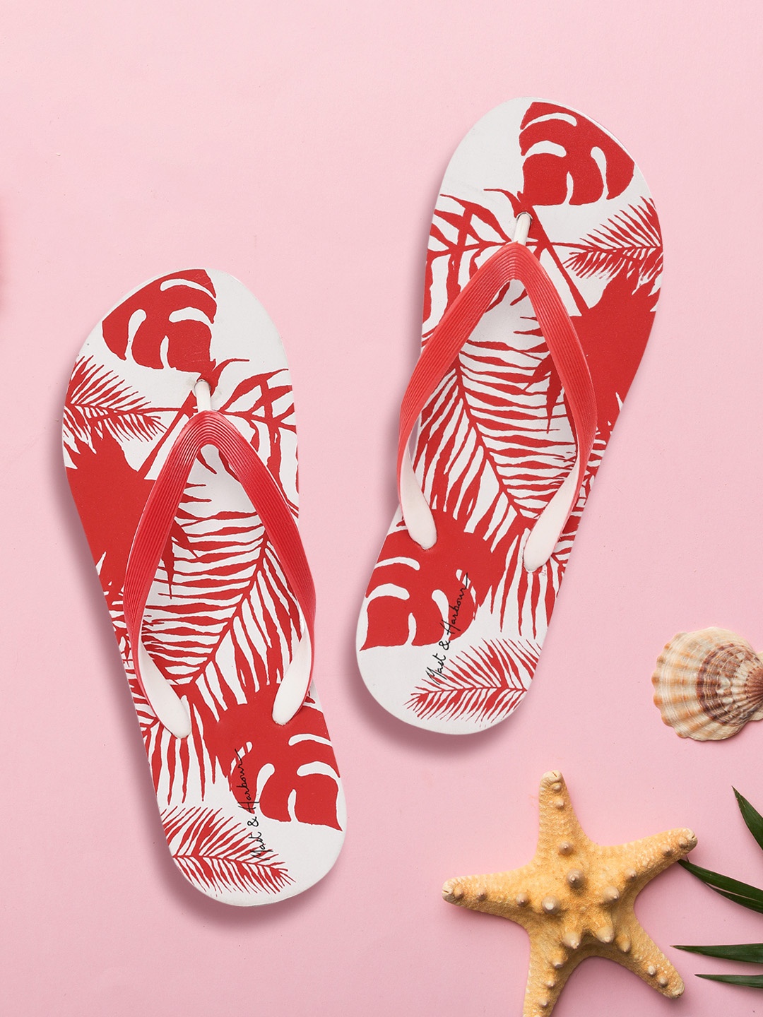 

Mast & Harbour Women Red & White Tropical Print Thong Flip-Flops