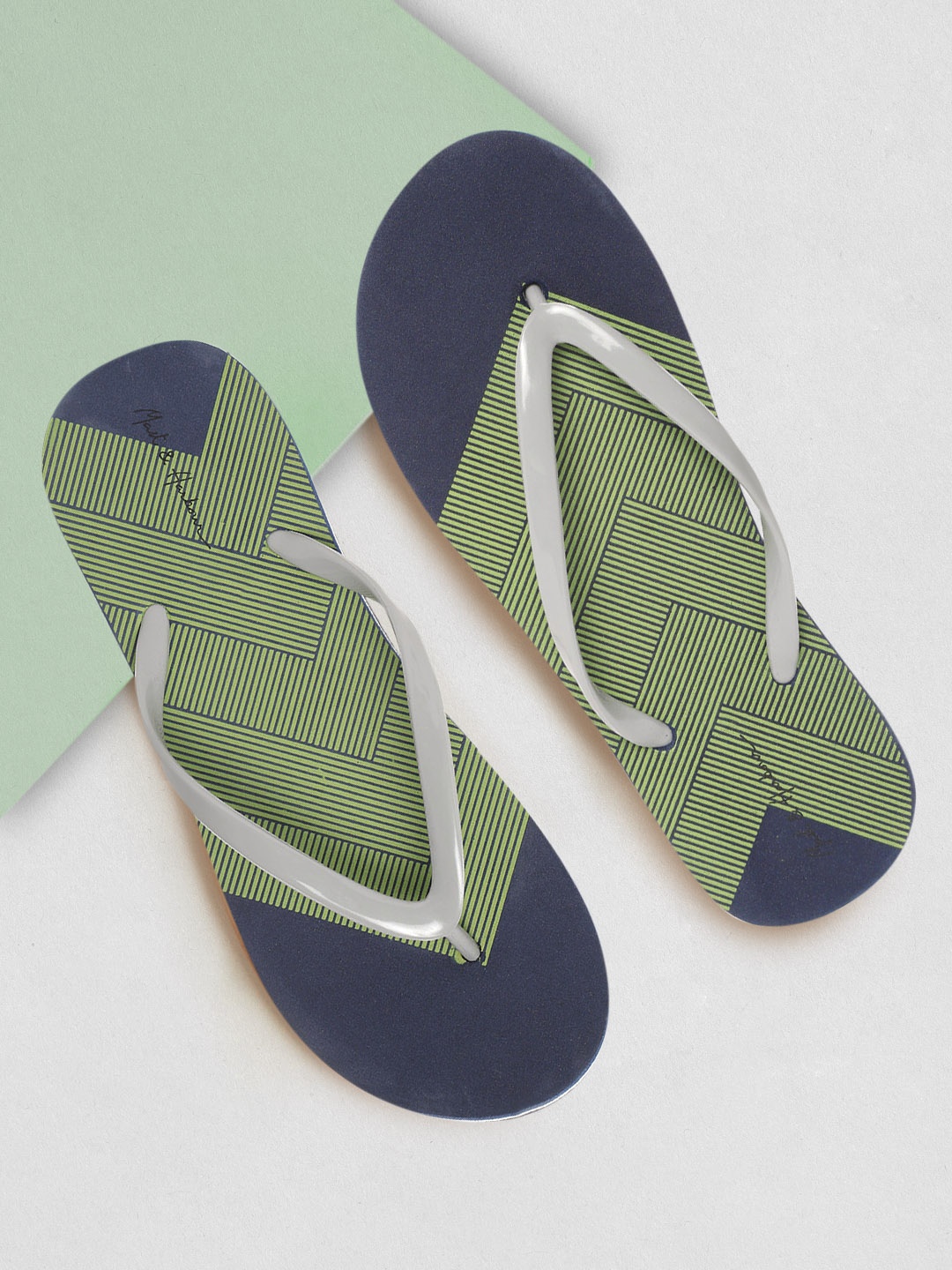 

Mast & Harbour Women Navy Blue & Olive Green Chevron Printed Thong Flip-Flops
