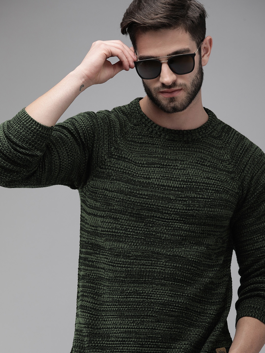 

Roadster Men Olive Green Cable Knit Pullover