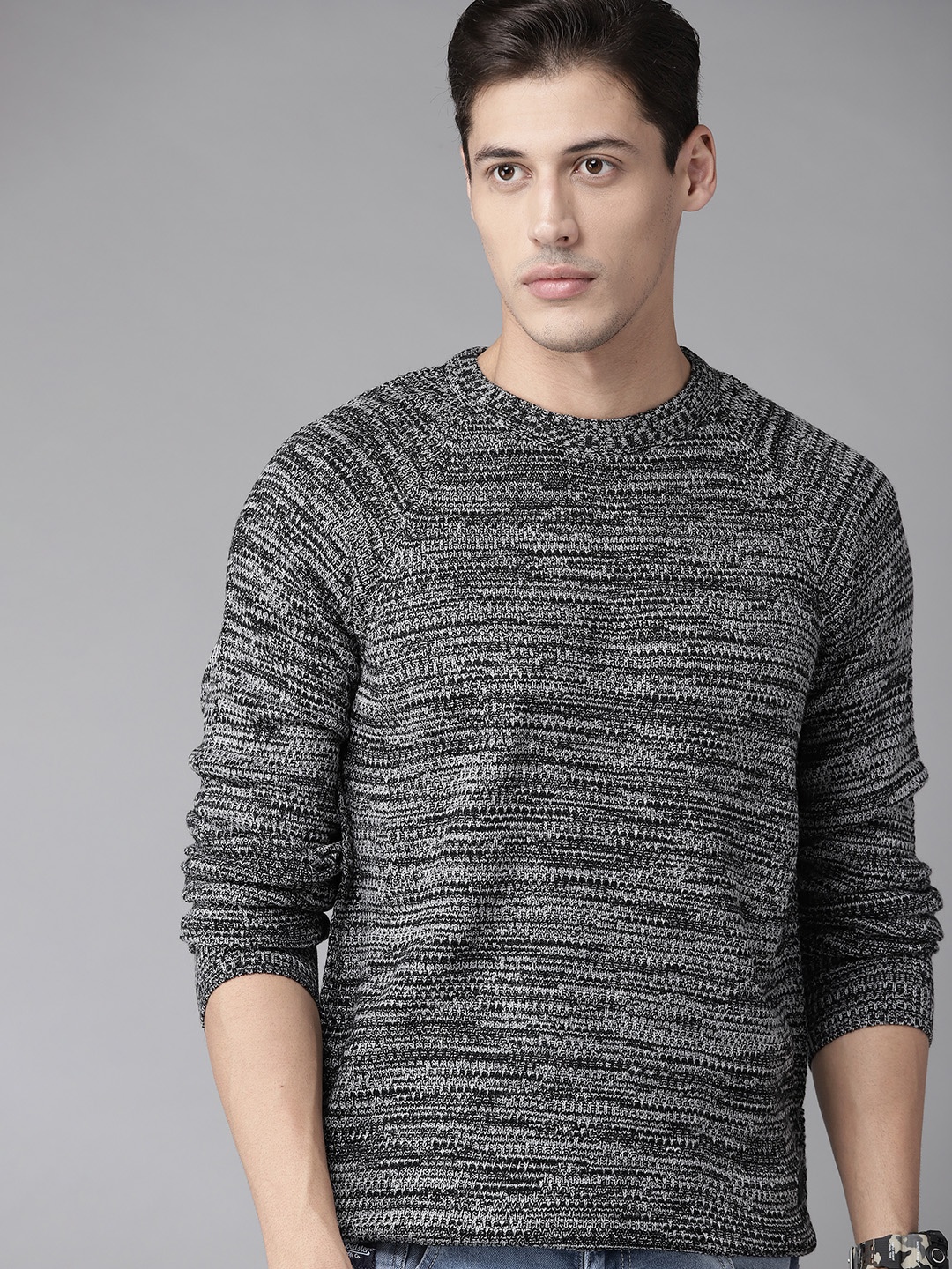 

Roadster Men Grey Melange Solid Pullover