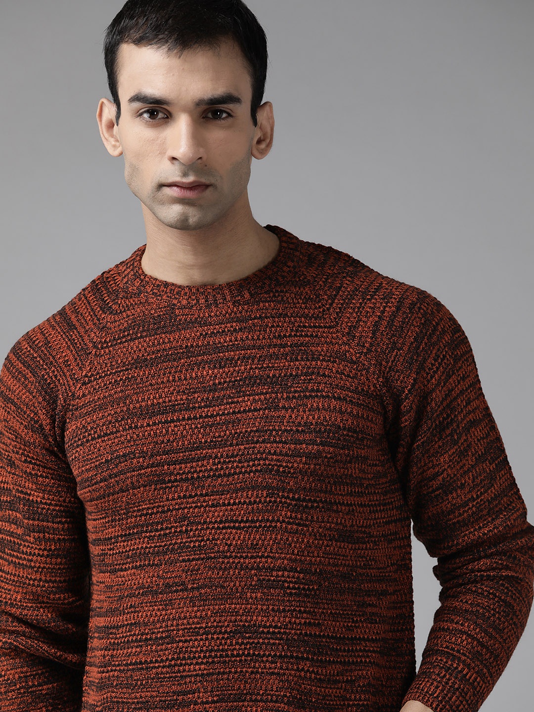 

Roadster Men Coffee Brown & Black Self-Design Pullover