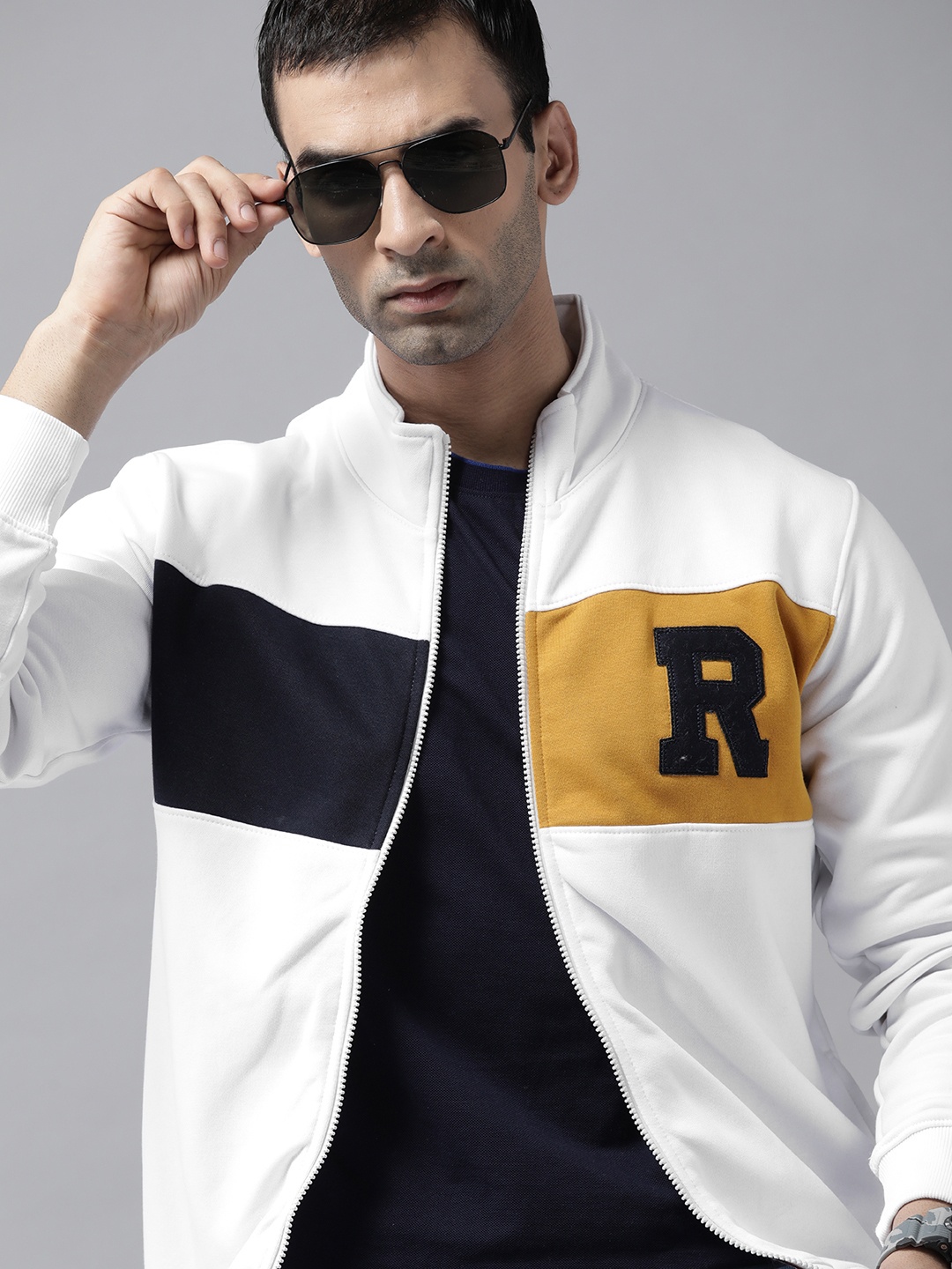 

Roadster Men White Mustard Yellow Colourblocked Tailored Jacket
