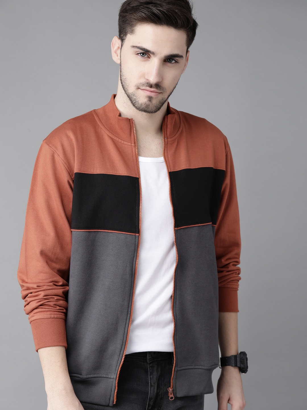 

Roadster Men Charcoal Grey & Rust Orange Pure Cotton Colourblocked Bomber Jacket