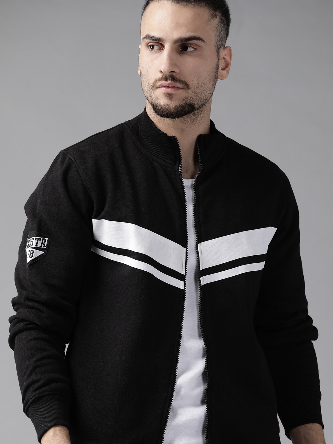 

Roadster Men Black & White Striped Jacket