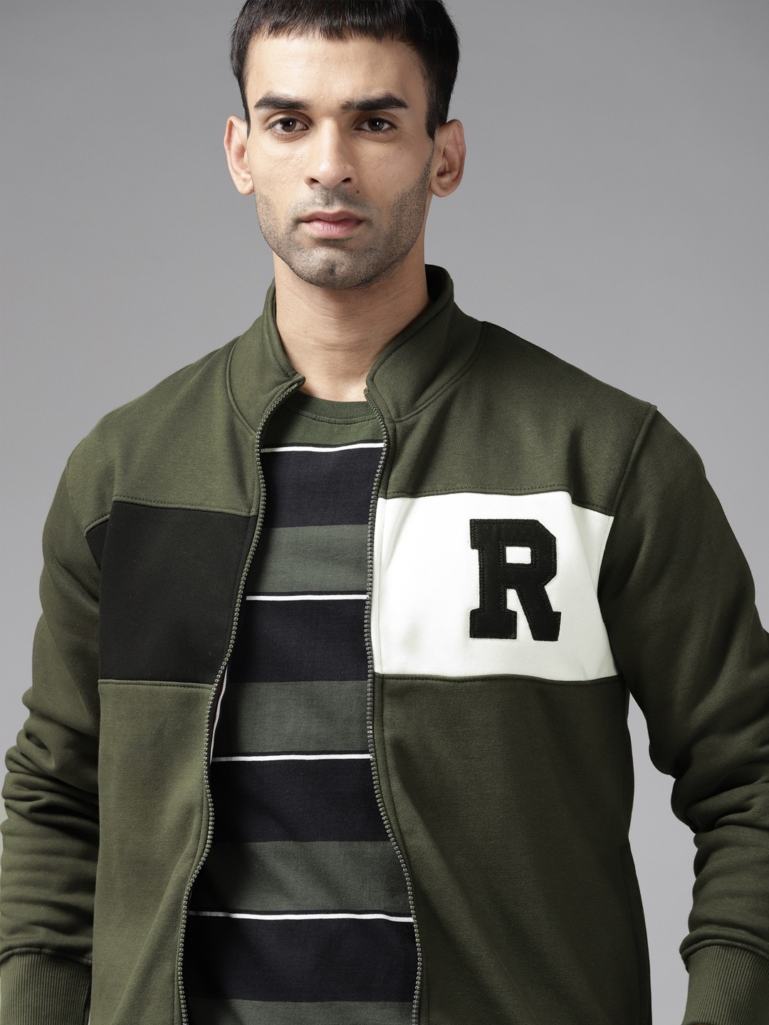 

Roadster Men Olive Green & White Colourblocked Tailored Jacket