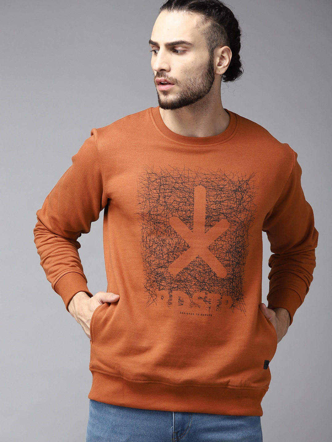 

Roadster Men Rust Orange & Black Graphic Printed Sweatshirt