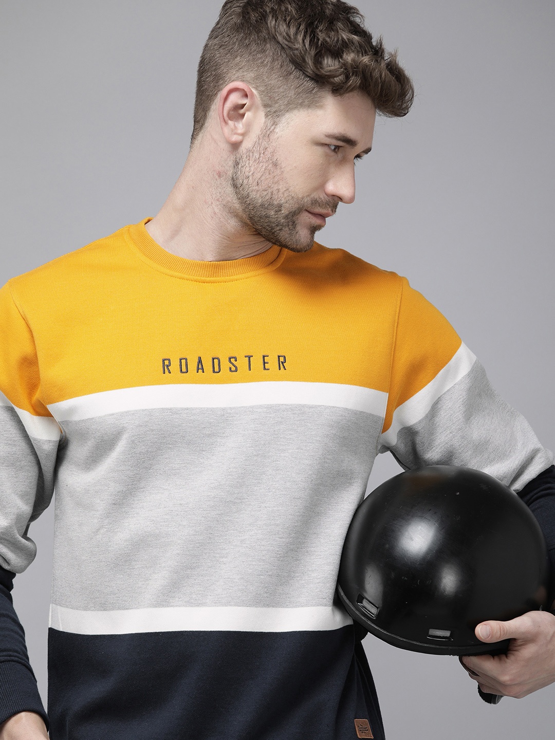 

Roadster Men Mustard Yellow & Grey Colourblocked Pullover Sweatshirt