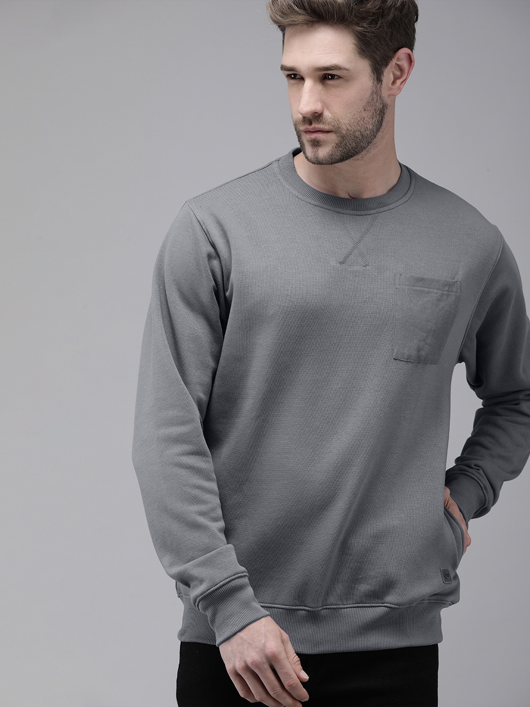 

Roadster Men Grey Solid Sweatshirt