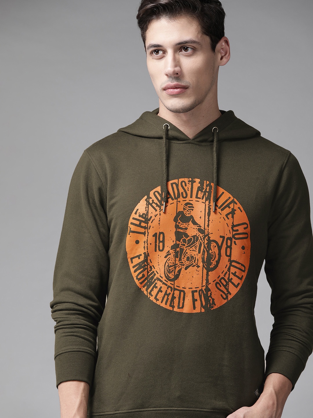 

Roadster Men Olive Green Printed Hooded Sweatshirt