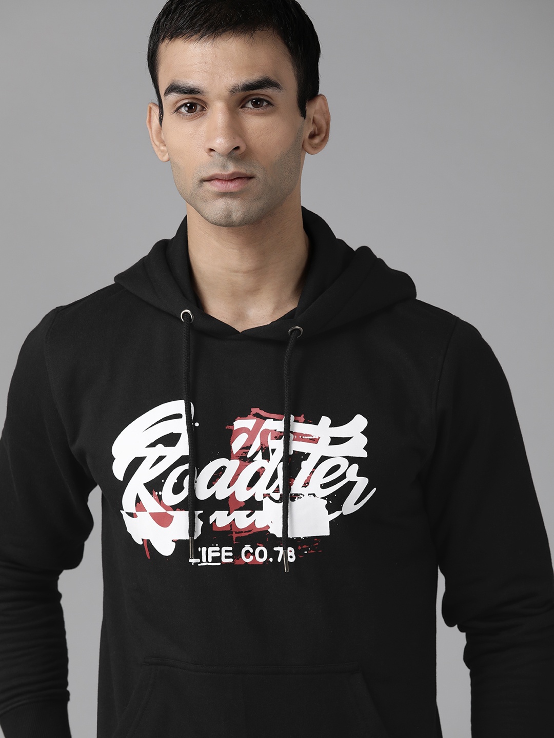 

Roadster Men Black & White Printed Hooded Sweatshirt