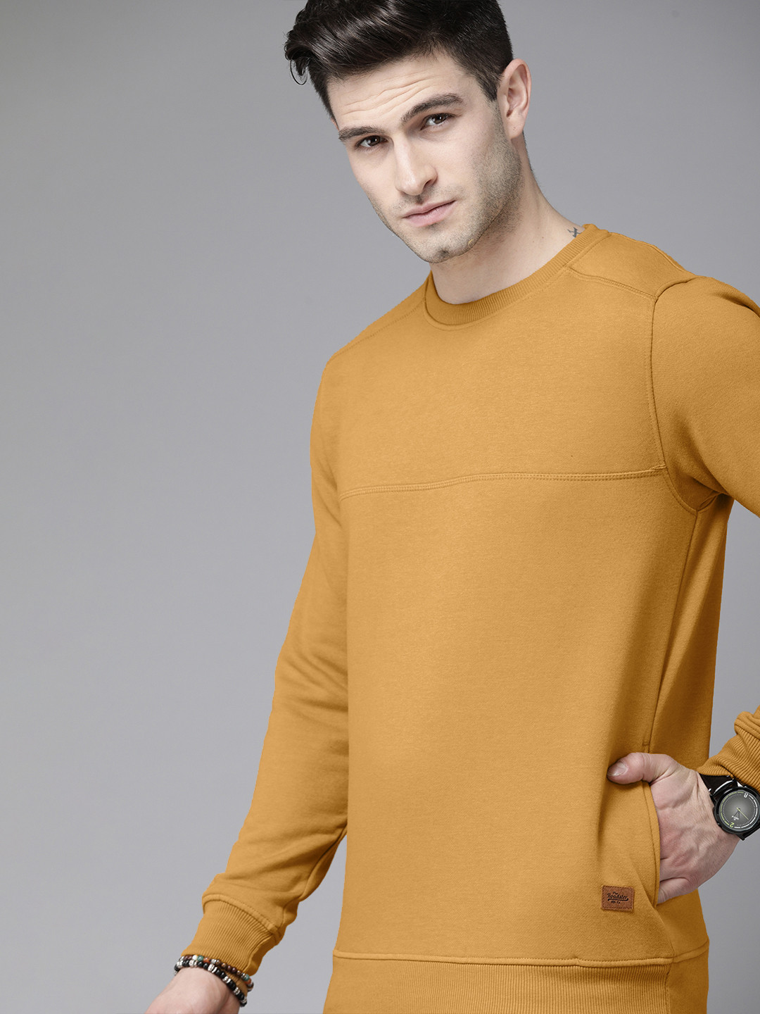 

Roadster Men Mustard Yellow Solid Sweatshirt