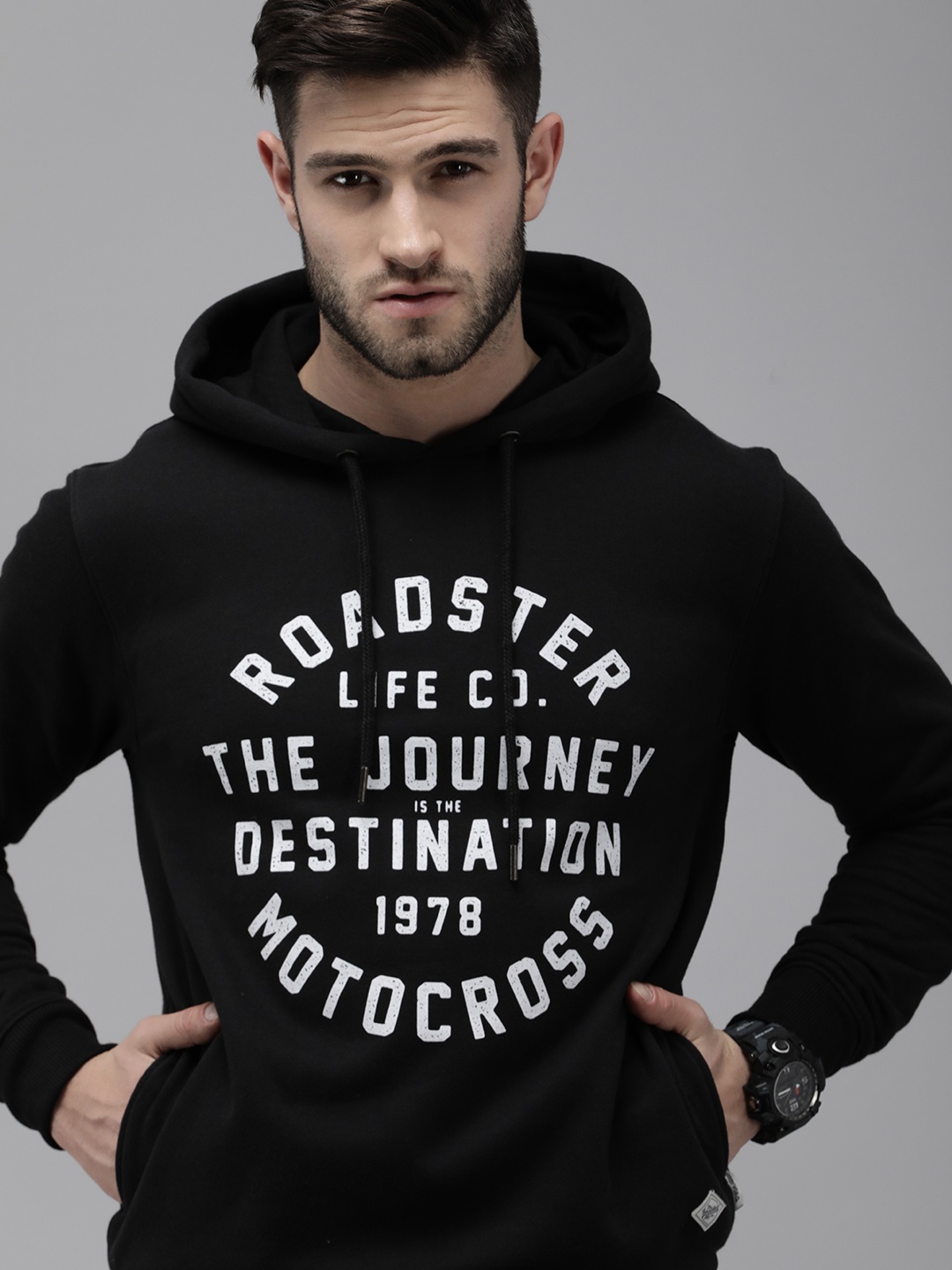 

Roadster Men Black Printed Hooded Sweatshirt