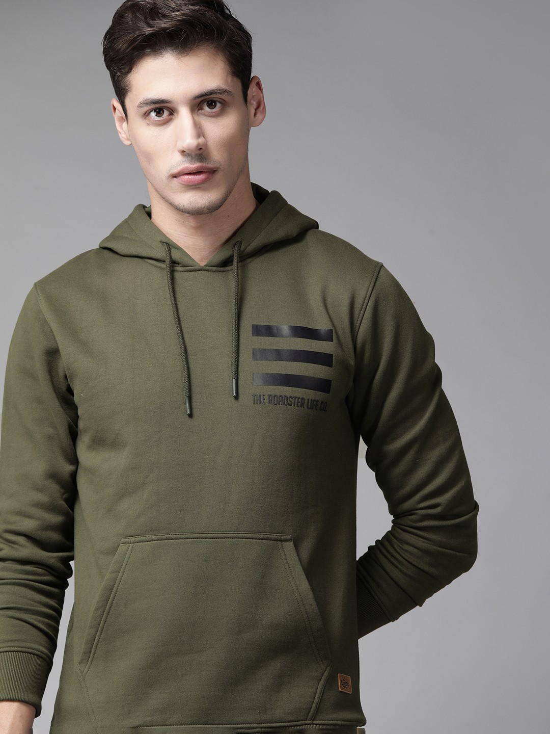 

Roadster Men Olive Green Striped Detail Hooded Sweatshirt