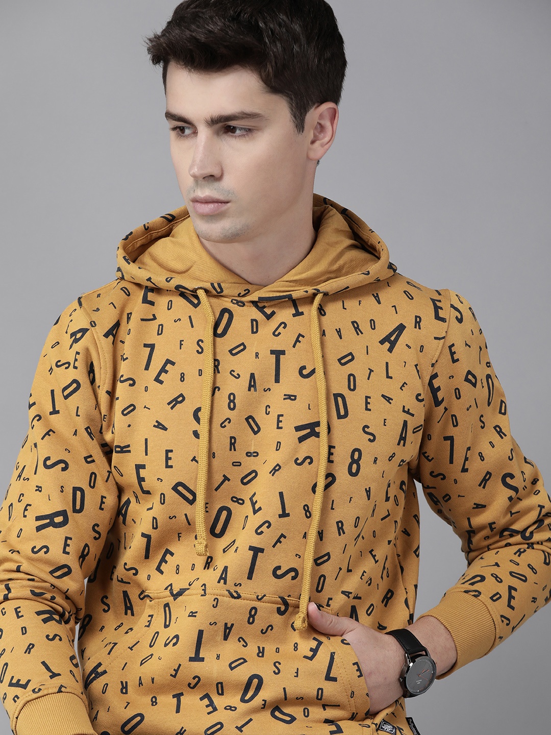 

Roadster Men Mustard Yellow & Navy Printed Hooded Sweatshirt