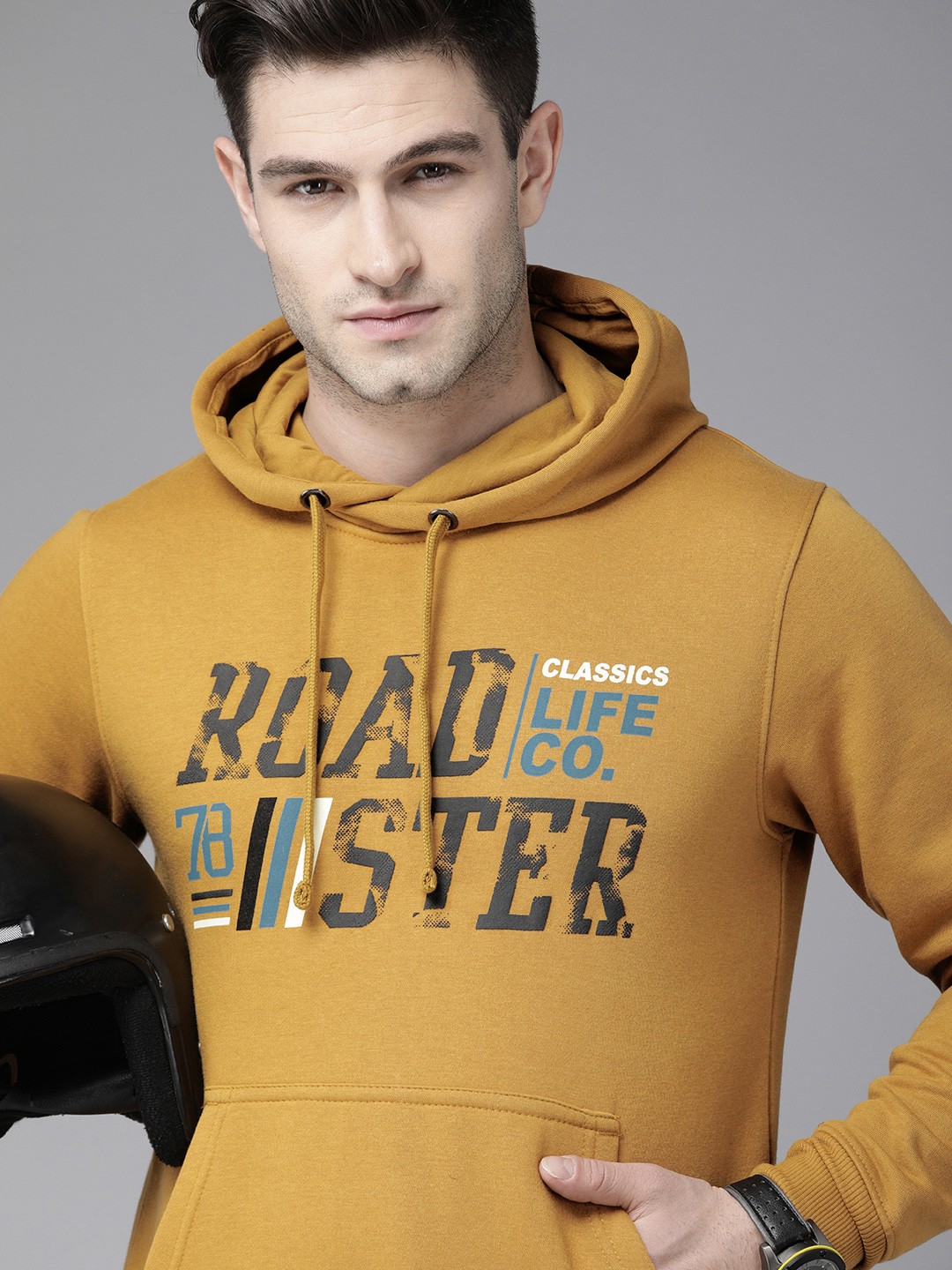 

Roadster Men Mustard Yellow Brand Logo Printed Hooded Sweatshirt
