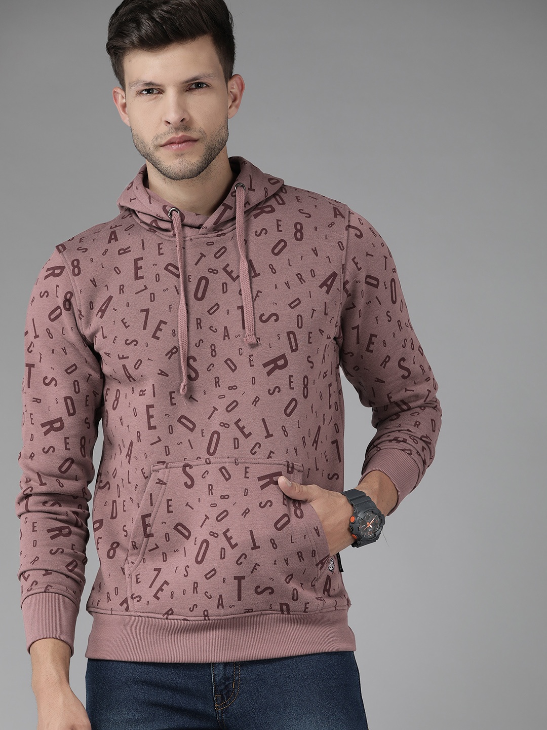 

Roadster Men Mauve Printed Hooded Sweatshirt