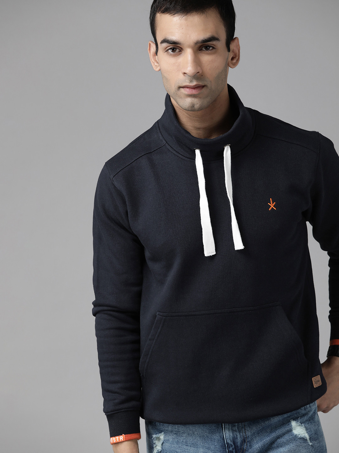 

Roadster Men Navy Blue Solid High Neck Sweatshirt