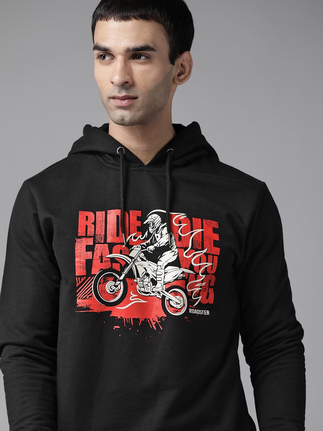 

Roadster Men Black Graphic Printed Hooded Sweatshirt