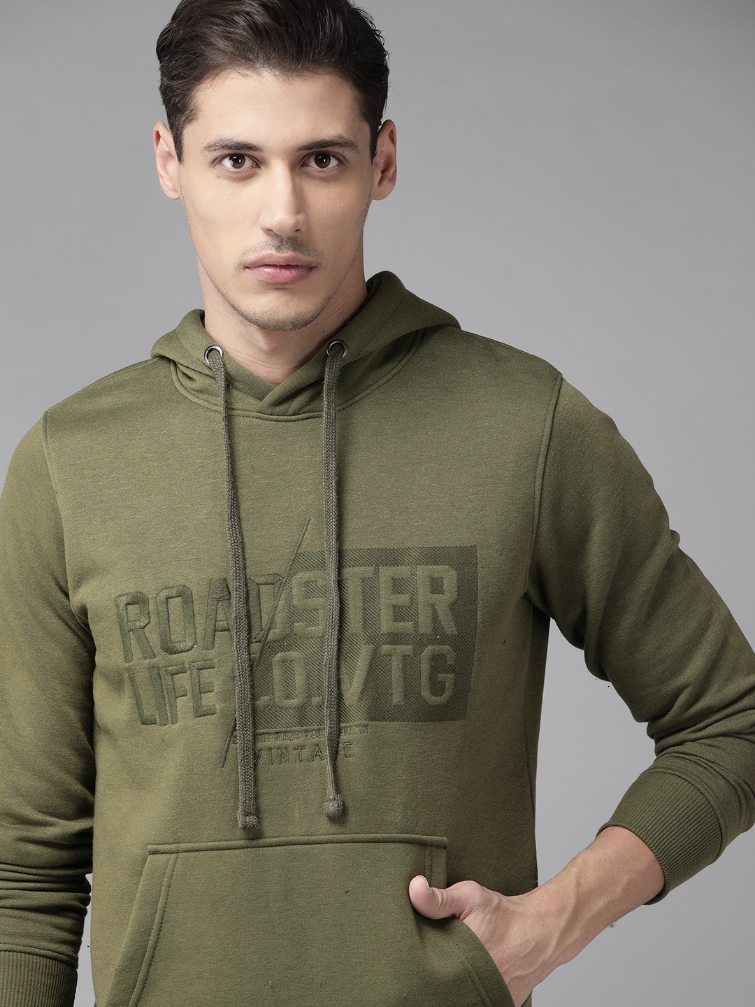 

Roadster Men Olive Green Brand Logo Embroidered Hooded Sweatshirt