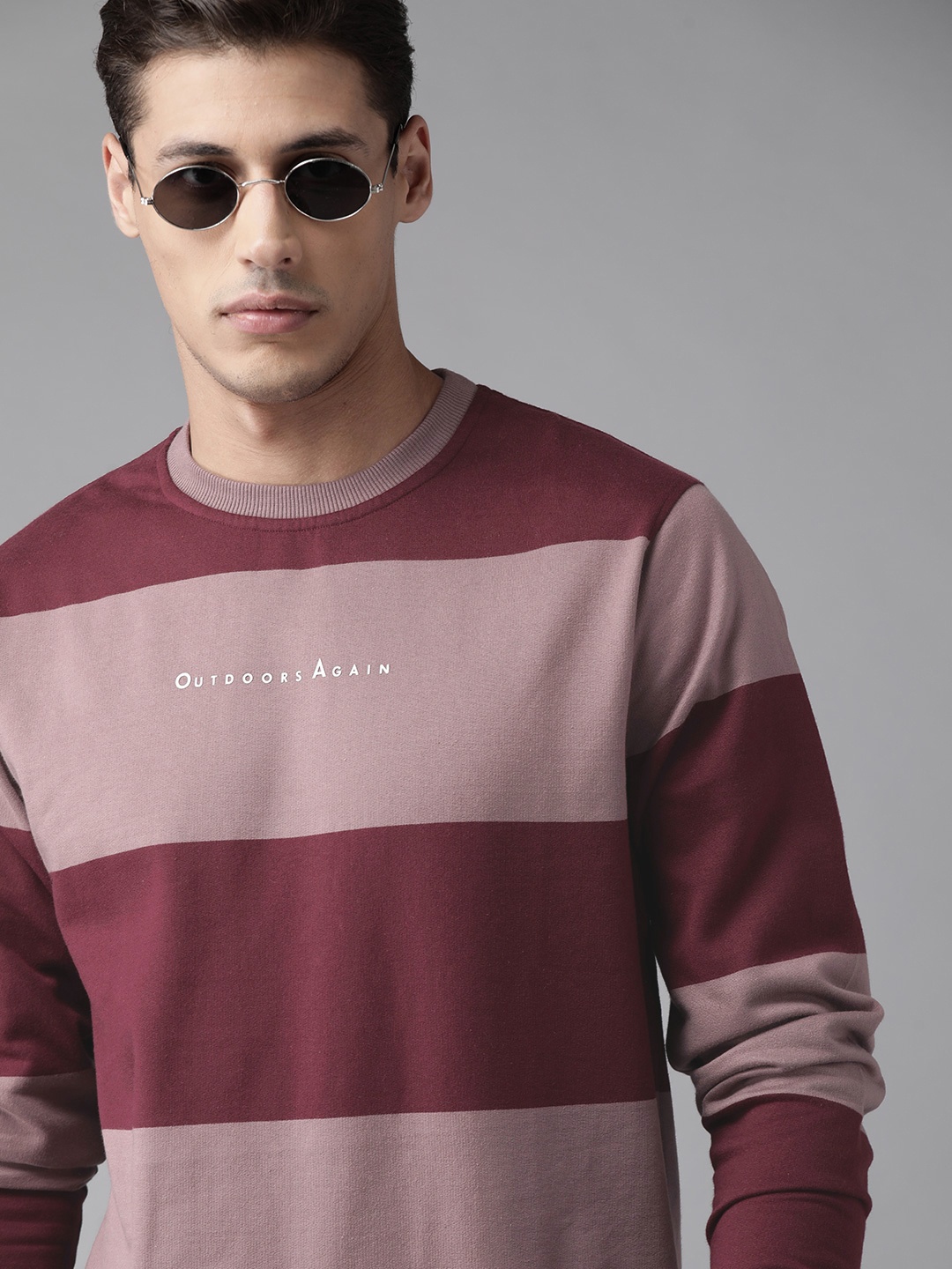 

Roadster Men Burgundy & Mauve Oure Cotton Striped Sweatshirt