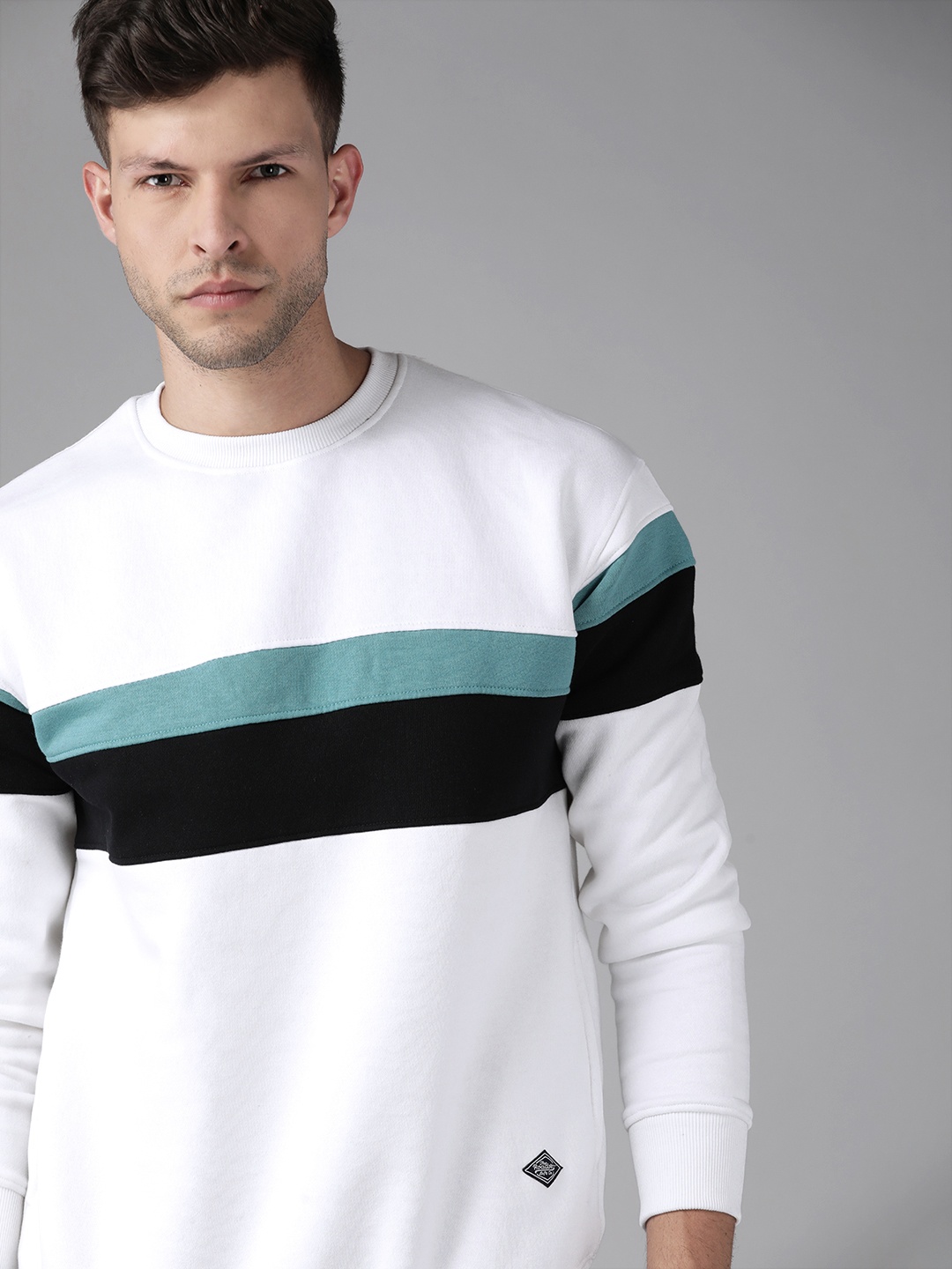 

Roadster Men White & Black Striped Sweatshirt