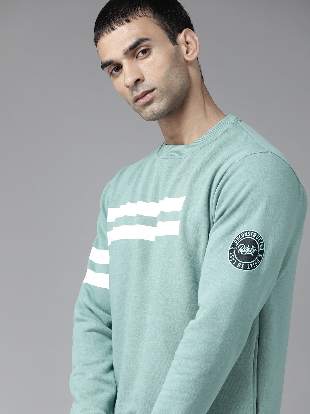 

Roadster Men Sea Green Striped Sweatshirt