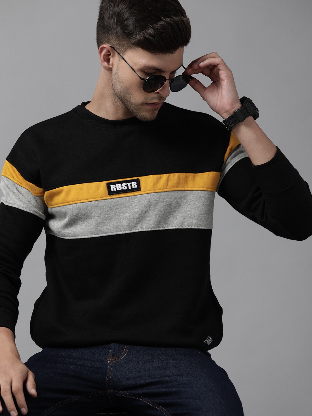 

Roadster Men Black & Grey Melange Striped Sweatshirt