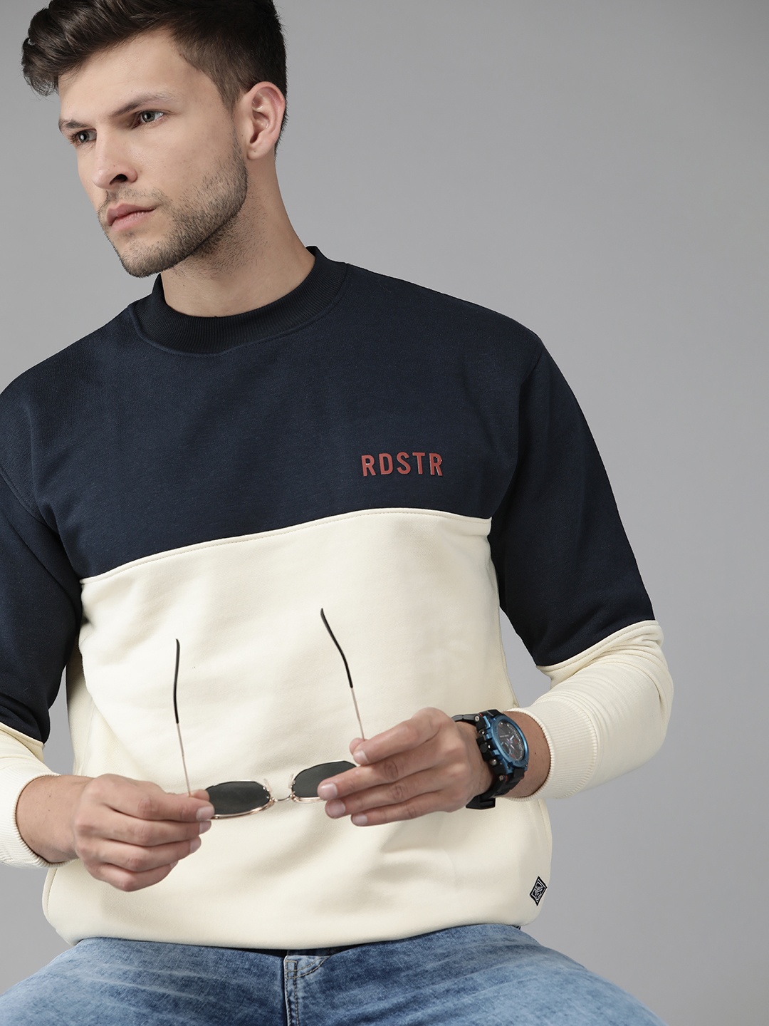 

Roadster Men Cream-Coloured & Navy Blue Colourblocked Sweatshirt