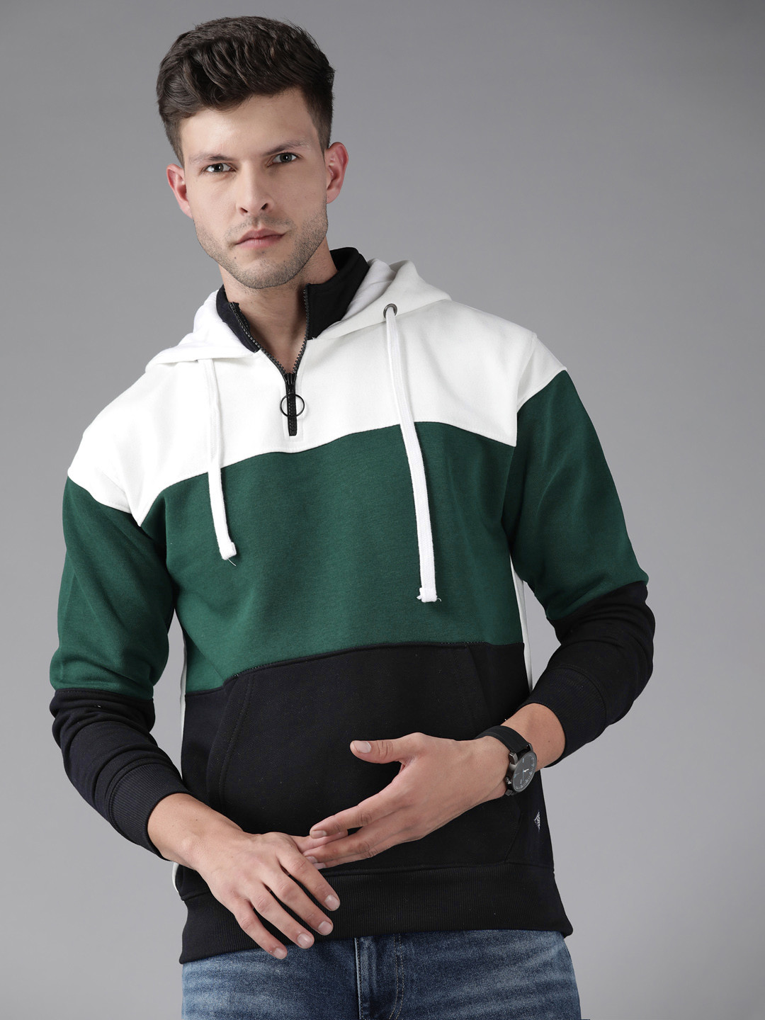 

Roadster Men Green & White Colourblocked Hooded Sweatshirt