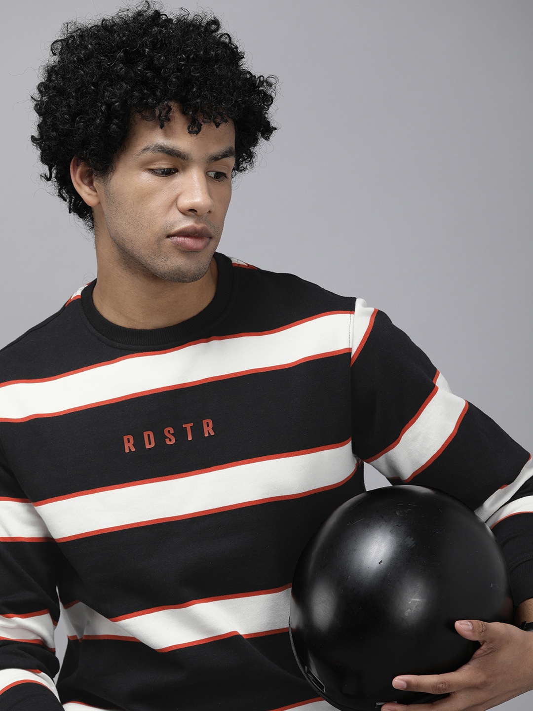 

Roadster Men Black & White Striped Pullover Sweatshirt