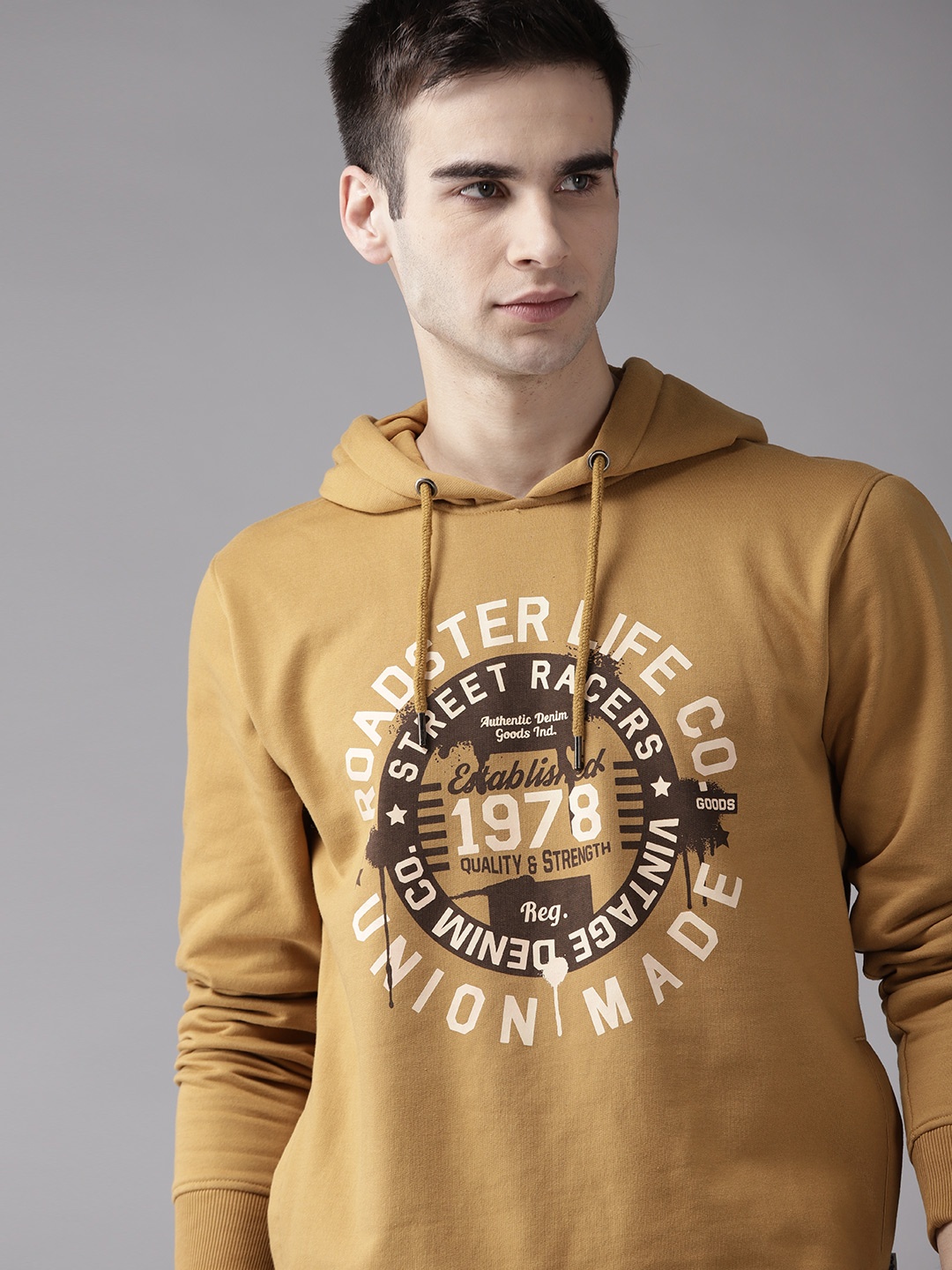 

Roadster Men Khaki Printed Hooded Sweatshirt