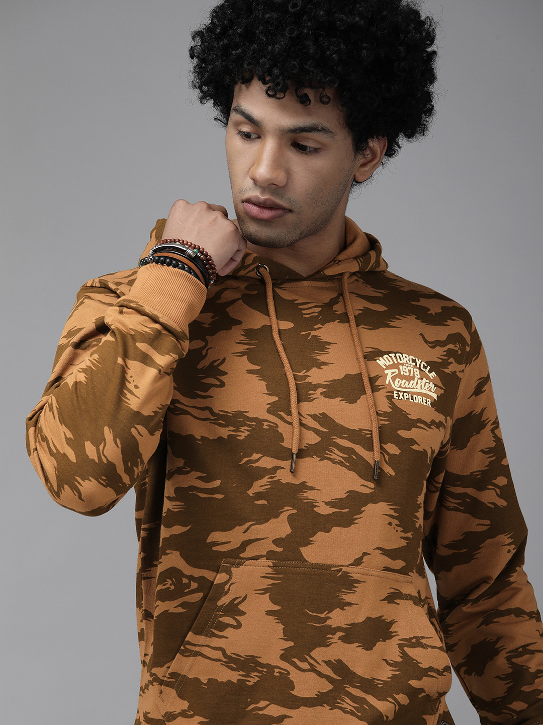 

Roadster Men Khaki Camouflage Printed Hooded Sweatshirt