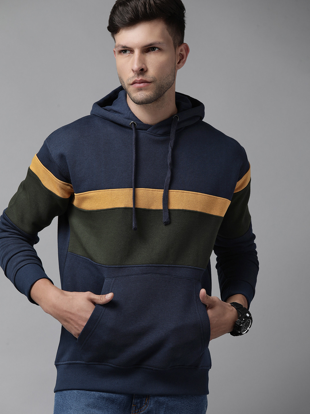 

Roadster Men Navy Blue & Olive Green Striped Hooded Sweatshirt