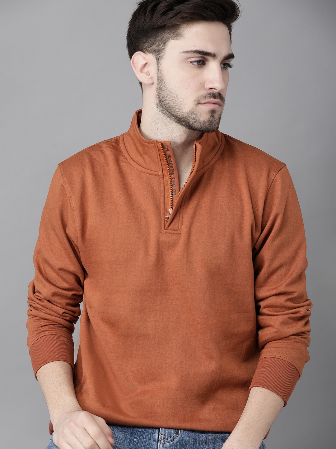 

Roadster Men Rust Orange Solid Sweatshirt