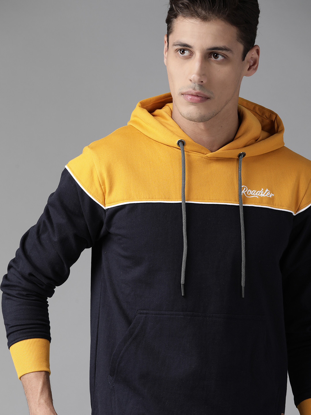 

Roadster Men Navy Blue Yellow Colourblocked Hooded Sweatshirt