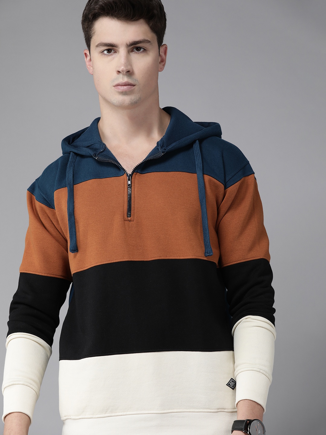 

Roadster Men Rust Brown & Black Striped Hooded Sweatshirt