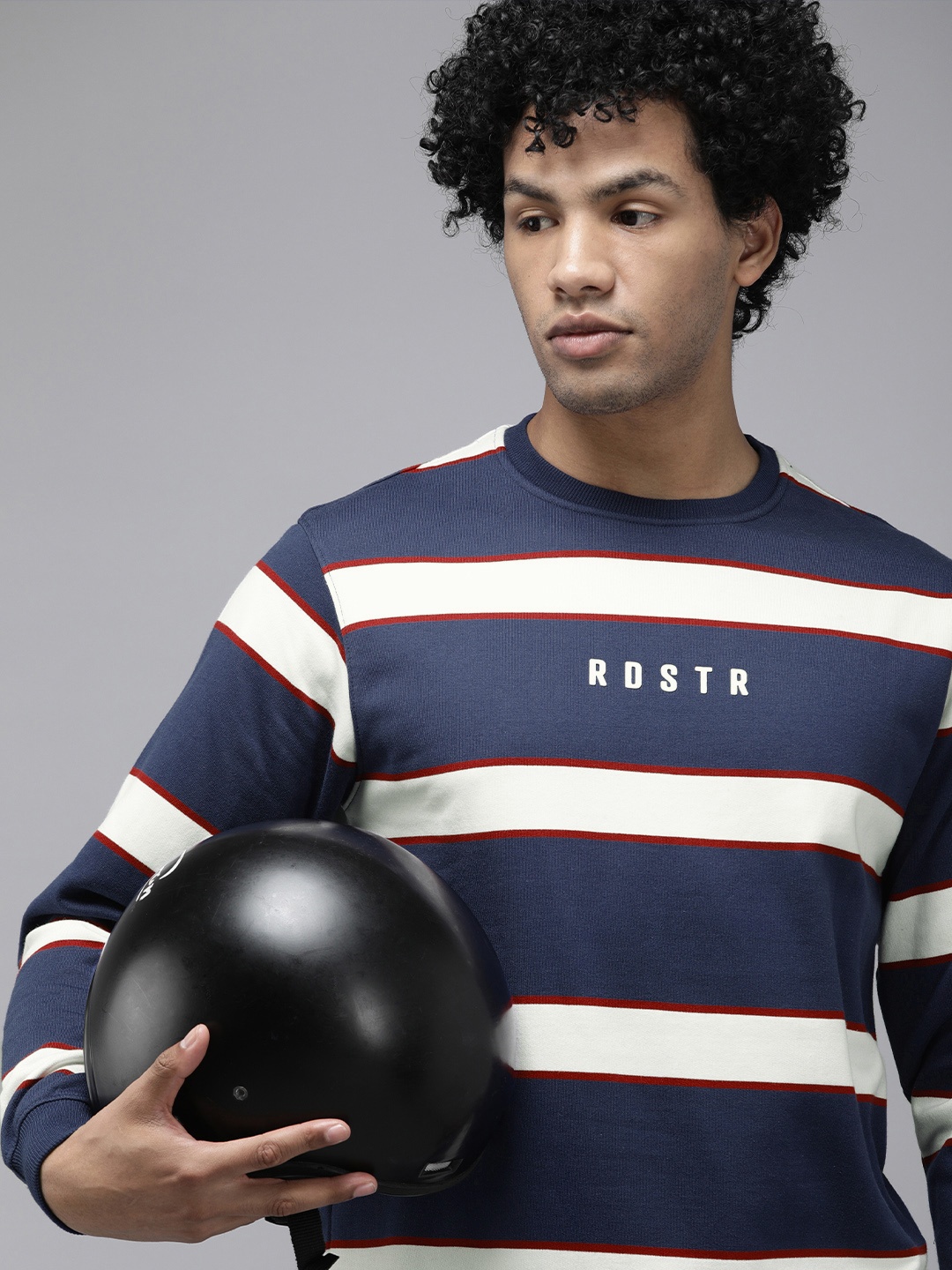 

Roadster Men Navy Blue & White Striped Pullover Sweatshirt