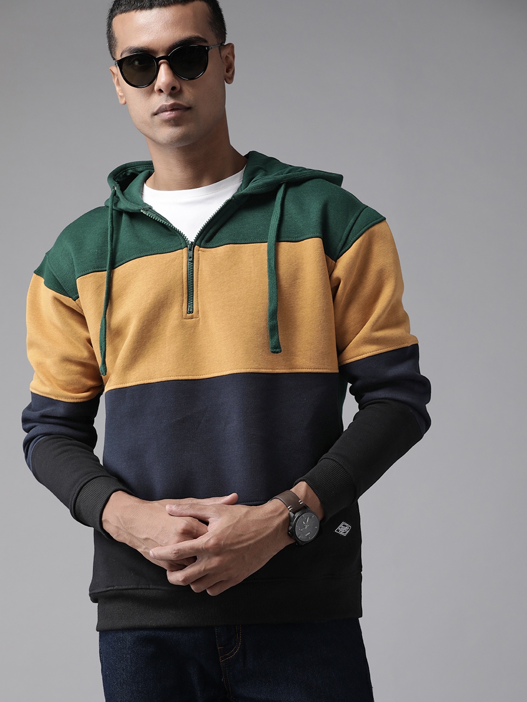 

Roadster Men Green & Mustard Brown Striped Hooded Sweatshirt