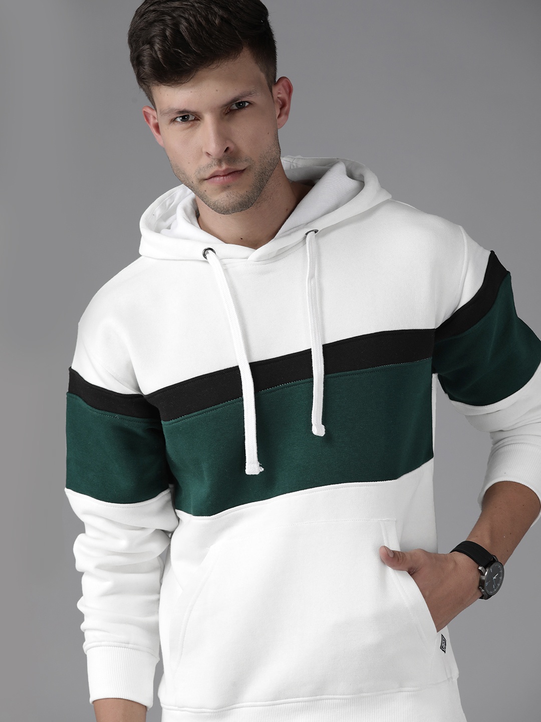 

Roadster Men White & Green Striped Hooded Sweatshirt